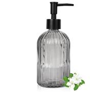 Distributeur de savon en verre gris de 400 ml avec pompe en plastique noir | Distributeur de savon liquide rechargeable avec bandes verticales pour le plan de travail et le lavabo à main