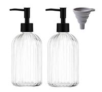Distributeur de Savon et Bouteilles de Lotion pour Les Mains TRIXES en Verre côtelé 400ml, Lot de 2, Pompe Finition Noire Mate, avec Entonnoir en Silicone pour Cuisine et Salle de Bain