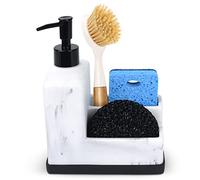 Distributeur de savon et liquide vaisselle 3-en-1 avec porte-éponge pour évier de cuisine et salle de bain, design de marbre blanc, pour les mains et la vaisselle, organiseur de plan de travail, blanc