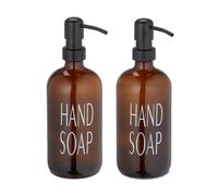 Relaxdays Distributeur de Savon, Lot de 2, Porte-Savon Liquide, Rechargeable, tête de Pompe, Inscription, 500 ML, Marron