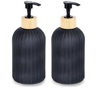 Distributeur de savon liquide VILDE - Ensemble de 2 pièces - 400ml - Verre noir mat et bambou