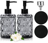 Distributeur de Savon Noir 330ML Lot de 2 Distributeur Savon Verre, Flacon Pompe Vide Rechargeable Design Diamant, Distributeur Savon Liquide, avec Entonnoir INOX, pour Salle de Bain Cuisine Hôtel