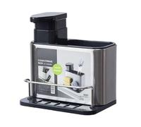 Distributeur de savon, porte-éponge, organisateur 3 en 1 pour évier de cuisine, en acier inoxydable, égouttoir à éponge avec récipient à détergent en laine d'acier, récipient d'évier noir et argenté