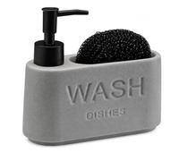 Distributeur de savon pour cuisine avec porte-éponge, distributeur de détergent pour vaisselle avec éponge, en céramique effet pierre, design moderne pour évier de cuisine et salle de bain (gris effet