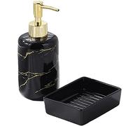 Distributeur de savon, rond, uni, en céramique, rechargeable, pour salle de bain, cuisine, 350 ml, noir, distributeur de savon et distributeur de savon