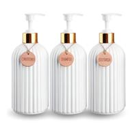 Distributeur de savon salle de bain | Set de 3 flacons de gel shampooing et après-shampoing 500 ml avec 3 pendentifs en bambou | Ce distributeur de savon de bain blanc avec touches dorées rehaussera