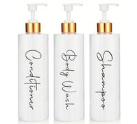 Distributeur de savon salle de bain | Set de 3 flacons pour gel shampooing et après-shampoing 500 ml avec détails en bambou | Ce distributeur de savon de bain couleur blanc et doré est élégant et