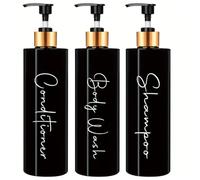 Distributeur de savon salle de bain | Set de 3 flacons pour gel shampooing et après-shampoing 500 ml avec détails en bambou | Ce distributeur de savon de bain noir et doré est élégant et rehaussera le