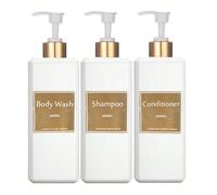 Distributeur de savon salle de bain | Set de 3 flacons pour gel shampooing et après-shampoing 500 ml avec détails dorés | Ce distributeur de savon de bain blanc et doré est élégant et rehaussera le