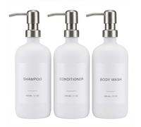 Distributeur de shampooing et après-shampooing avec pompe en acier inoxydable (Blanc-Argent), Lot de 3 distributeurs de shampooing - 600ml Bouteilles de douche rechargeables en PET avec pompe en acier
