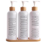 Distributeur de shampooing et d'après-shampoing, contient un shampooing revitalisant gel douche, flacon de shampooing rechargeable de 500 ml avec pompes et plateau en bambou, ensemble de distributeur