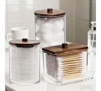 Distributeur de tampons - Porte-tampons pour salle de bain Conteneur avec organisateur de bocal d'apothicaire - Couvercles en bois brun pour un rangement facile Pack de 3
