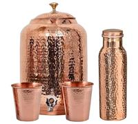 Distributeur d'eau en cuivre pur - Capacité de 8 L, finition martelée, bienfaits pour la santé ayurvédique, comprend 2 verres assortis et 1 bouteille en cuivre, verres faits à la main pour la guérison