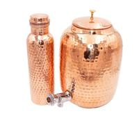 Distributeur d'eau en cuivre pur de 8 l avec bouteille d'eau | Pot de stockage d'eau potable ayurvédique martelé à la main | Réservoir traditionnel pour une hydratation saine
