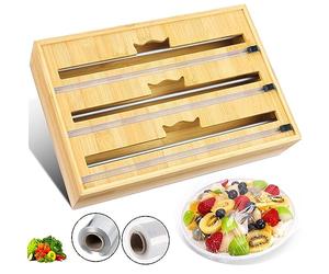 Distributeur Film Alimentaire, Bambou Distributeur Papier Aluminium avec Coupeur pour Tiroir De Cuisine, Perfect Cutter, 3 Fentes, 36,3x25x8,4cm