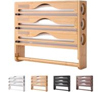 Distributeur Film Alimentaire et Papier Aluminium 3 en 1 - Support Cuisine Bambou avec Coupeur Précis, Porte Sopalin Mural/Tiroir, Rangement Organisé pour Rouleaux 30 cm