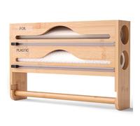 Distributeur Film Alimentaire et Papier Aluminium 3 en 1 - Support Cuisine Bambou avec Coupeur Précis, Porte Sopalin Mural/Tiroir, Rangement Organisé pour Rouleaux 30 cm (Bois, Deux étages)