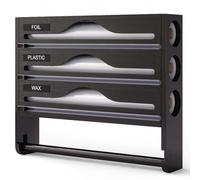 Distributeur Film Alimentaire et Papier Aluminium 3 en 1 - Support Cuisine Bambou avec Coupeur Précis, Porte Sopalin Mural/Tiroir, Rangement Organisé pour Rouleaux 30 cm (Noir, Trois étages)