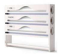 Distributeur Film Alimentaire et Papier Aluminium 3 en 1 - Support Cuisine Bambou avec Coupeur Précis, Porte Sopalin Mural/Tiroir, Rangement Organisé pour Rouleaux 30 cm (Blanc, Trois étages)