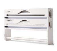 Distributeur Film Alimentaire et Papier Aluminium 3 en 1 - Support Cuisine Bambou avec Coupeur Précis, Porte Sopalin Mural/Tiroir, Rangement Organisé pour Rouleaux 30 cm (Blanc, Deux étages)
