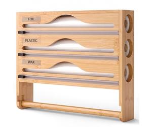 Distributeur Film Alimentaire et Papier Aluminium 3 en 1 - Support Cuisine Bambou avec Coupeur Précis, Porte Sopalin Mural/Tiroir, Rangement Organisé pour Rouleaux 30 cm (Bois, Trois étages)