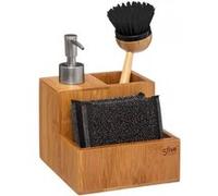 JJA Distributeur de savon avec brosse et éponge en bambou