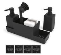 Distributeur Liquide Vaisselle, Distributeur De Savon De Cuisine,Organisateur Evier,Distributeur Gel Douche,avec Set d'Éponges,Flacon Distributeur,Brosse pour Évier,Cuisine Et Salle De Bain (Noir)