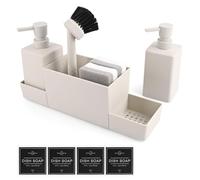 Distributeur Liquide Vaisselle, Distributeur De Savon De Cuisine,Organisateur Evier,Distributeur Gel Douche,avec Set d'Éponges,Flacon Distributeur,Brosse pour Évier,Cuisine Et Salle De Bain (Beige)