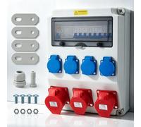 Distributeur Mural 4x230V + 2xCEE 16A + 1xCEE 32A, IP67, pré-câblé | 4 prises 230V, 2 CEE 16A 5P, 1 CEE 32A 5P, FI 50A + disjoncteurs, IP67 étanche, ABS, intérieur/extérieur, prêt à l‘emploi