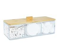 Distributeur Qtip en acrylique avec couvercle en bois, 3 compartiments pour boules de coton, organisateur de salle de bain pour Q Tip, cotons-tiges et porte-tampons de coton, organisation de rangement