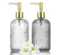 Distributeur Savon, Lot de 2 flacons de Savon en Verre Polyvalents Anti-Goutte de 500 ML, Distributeur de Liquide Rechargeable pour Salle de Bain, comptoir, Cuisine, buanderie - Transparent et Gris