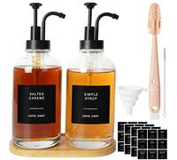 Distributeur Sirop pour Café, Set de 2 Bouteilles en Verre avec Pompes 500 ML pour Bar à Café - Inclus Étiquettes, Entonnoir, Plateau et Accessoires de Nettoyage