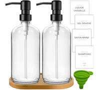 Distributeurs de Savon en Verre - Pack de 2 - Savon Mains - Liquide Vaisselle - Gel Douche - Shampoing - Plateau en Bois, Entonnoir Plastique, Etiquettes - Accessoires Salle de Bain Cuisine (Clear)
