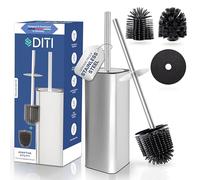 DITI Brosse WC carrée en silicone argenté mat - Acier inoxydable brossé - Brosse WC carrée avec support - Protection anti-éclaboussures avec brosses de rechange - Brosse WC antibactérienne carrée