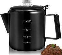 DITOSH Percolateur de 12 tasses, cafetière en acier inoxydable 304 avec poignée en bois massif et bouton rotatif transparent pour cuisinière et plaques à induction Greca Moka 2200 ml