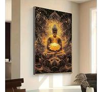 Dittelle Affiche moderne sur toile représentant un Bouddha doré en pleine méditation, avec une fleur de lotus, idéale pour la décoration de la chambre (70 x 105 cm/sans cadre).