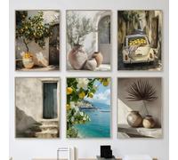 Dittelle Affiche murale sur toile représentant un paysage rétro méditerranéen grec avec des citronniers, des orangers et des oliviers (20 x 30 cm / 6 pièces sans cadre)