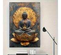 Dittelle Art mural bouddhiste abstrait moderne - Affiche imprimée sur toile, œuvre d'art représentant un Bouddha serein en méditation avec un lotus doré (70x105cm/cadre intérieur)