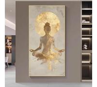Dittelle Impression sur toile, Femme méditant en posture du lotus, silhouette de lune dorée, décoration murale pour studio de yoga ou chambre (20x40cm/sans cadre)