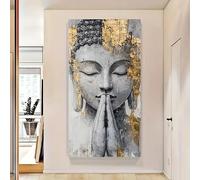 Dittelle Tableau mural sur toile dorée représentant un visage de Bouddha en prière, statue de Bouddha spirituelle zen, pour la décoration d'une salle de yoga et de méditation (30x65cm/sans cadre)