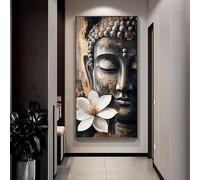 Dittelle Tableau mural sur toile dorée représentant un visage de Bouddha en prière, statue de Bouddha spirituelle zen, pour la décoration d'une salle de yoga et de méditation (70 x 140 cm/sans cadre)