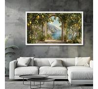 Dittelle Tableau sur toile représentant une citronneraie méditerranéenne, vue côtière pittoresque à travers une fenêtre cintrée, décor de paysage italien (75 x 150 cm/sans cadre)