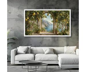 Dittelle Tableau sur toile représentant une citronneraie méditerranéenne, vue côtière pittoresque à travers une fenêtre cintrée, décor de paysage italien (30 x 60 cm/sans cadre)