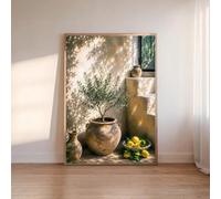 Dittelle Toile imprimée, art mural méditerranéen, olivier en pot avec citrons frais, pot en terre cuite rustique, décoration ensoleillée (50x75cm/sans cadre)