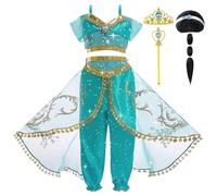 DiULi Costume de Princesse Jasmine pour Fille, Deguisement de Princesse Jasmine avec Perruque Couronne et Baguette pour Anniversaire Fête Halloween Noël Carnaval Cosplay, 150