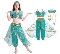 DiULi Costume de Princesse Jasmine pour Filles,Deguisement de Princesse Jasmine avec Accessoires de Bandeaux et Colliers, Aladdin Costume pour Filles Noël Halloween Anniversaire Fête Cosplay,120CM
