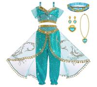 DiULi Costume de princesse Jasmine pour filles,Deguisement de Princesse Jasmine avec Accessoires de Bandeaux et colliers, Aladdin Costume pour filles Noël Halloween Anniversaire Fête Cosplay,120CM