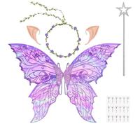 DiULi Ensemble Complet Fée 5 Pièces avec Bandeau de Fée et Oreilles d'elfe et Strass Visage,Ailes de Papillon Déguisement pour Femmes et Enfants Halloween Anniversaire Carnaval et Thème Fête,Violet