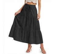 DiULi Jupe Longue Femme Taille Haute, Jupe Bohème Légère A-Line avec Cordons de Serrage, Ceinture Élastique, Volants Superposés, Robe Maxi pour Plage Vacances Été, Nior-L