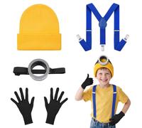 DiULi Set Accessoires Déguisement Enfant Premium,Accessoires Jaunes Style Cartoon avecMonocle Steampunk,Casquette Jaune avec Gants Noirs & Bretelles - Idée Cadeau Carnaval/Anniversaire 4-12 Ans